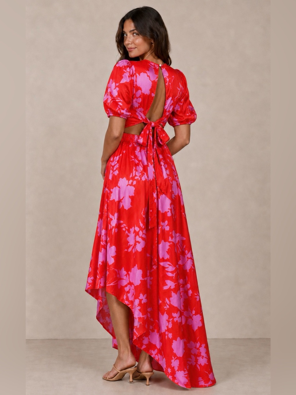 Red Pink Floral Cutout Asymmetric Statement Dress Size 6 Puff Sleeve Open Back